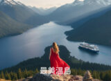 An aerial view of a large luxury cruise ship sailing through the deep blue waters of a Campbell River fjord, surrounded by lush evergreen mountains and rugged coastal wilderness.