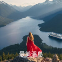 An aerial view of a large luxury cruise ship sailing through the deep blue waters of a Campbell River fjord, surrounded by lush evergreen mountains and rugged coastal wilderness.