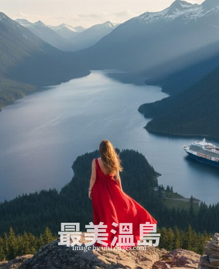 An aerial view of a large luxury cruise ship sailing through the deep blue waters of a Campbell River fjord, surrounded by lush evergreen mountains and rugged coastal wilderness.