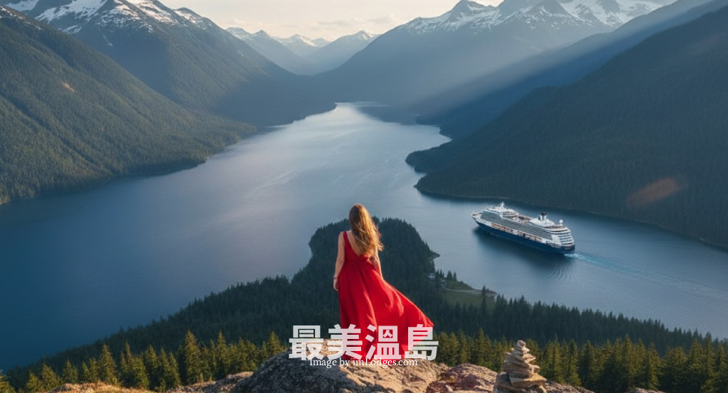 An aerial view of a large luxury cruise ship sailing through the deep blue waters of a Campbell River fjord, surrounded by lush evergreen mountains and rugged coastal wilderness.